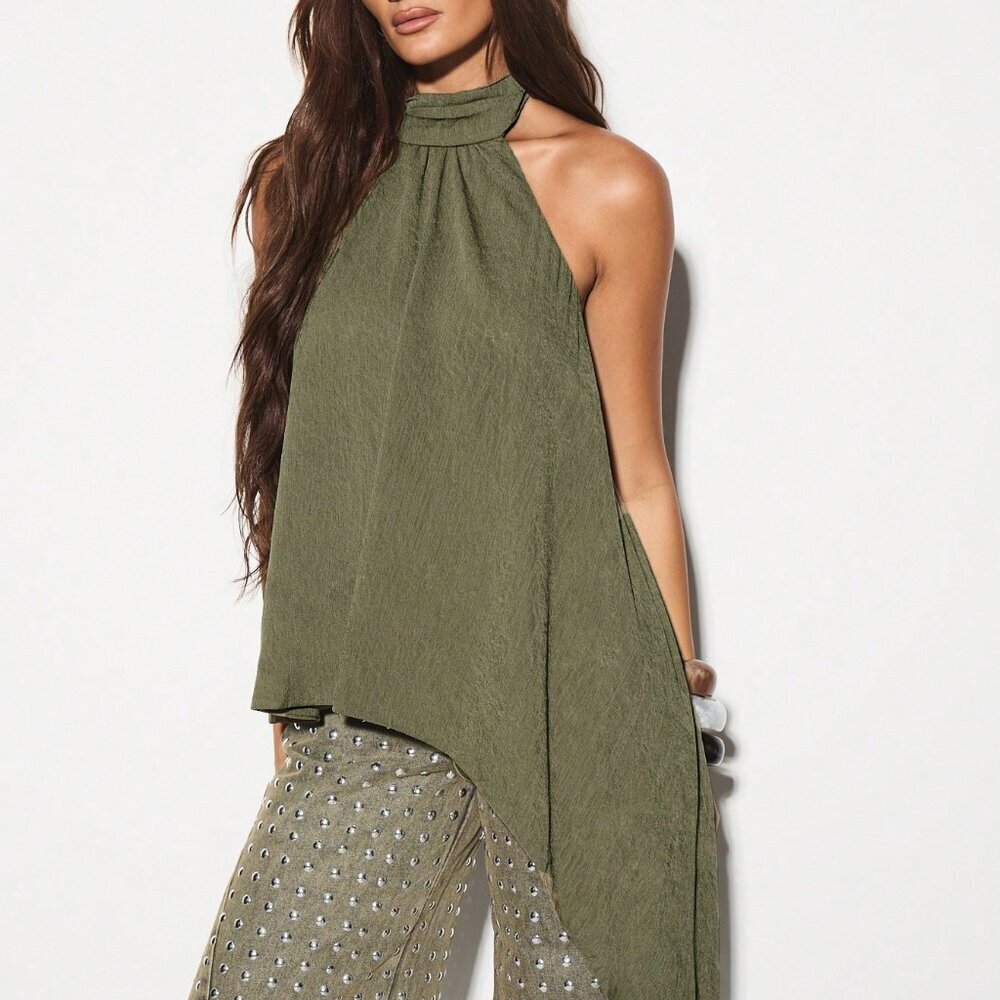Olive Green Casual Women Asymmetrical Halter Neck Festival Top